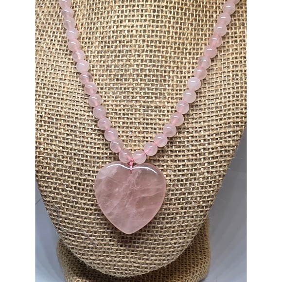 Rose Quartz Heart Pendant Necklace Beaded Chain Women Jewelry - Picture 3 of 3